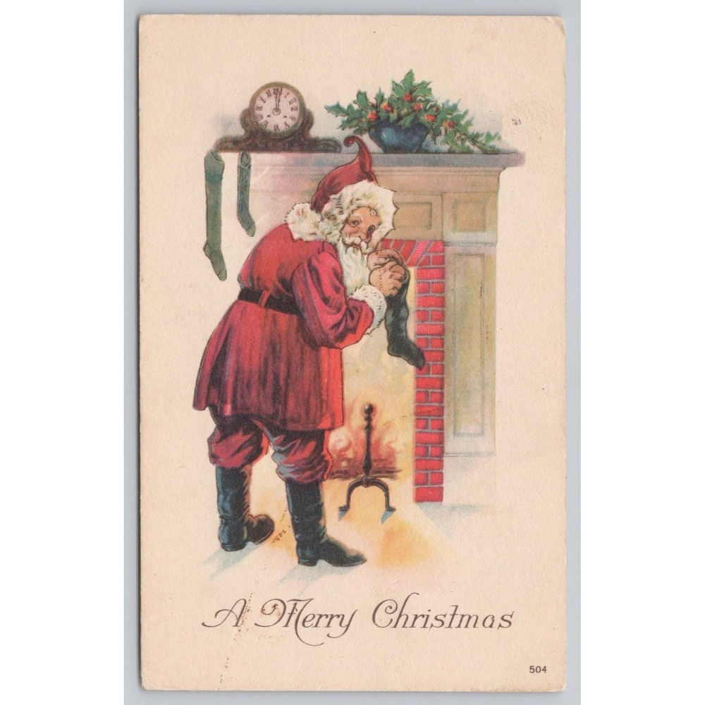 Vintage Santa Postcard Filling Stockings 1923 Merry Christmas Sellersville PA